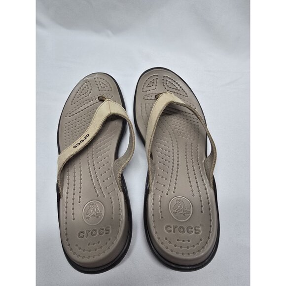 Crocs Capri Flip Flops Brown Thong Flip Flops Beige Straps Size 8 - Picture 4 of 11